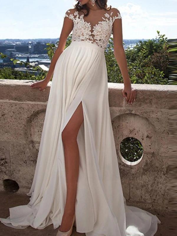Seindeal Patchwork Lace Prom Chiffon Sexy Maxi Dress for Wedding Guest White