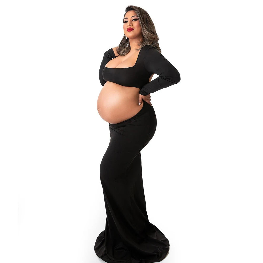 Seindeal Black Cut Out Mermaid Crop Long Sleeve Backless Bodycon Cocktail Club Party Photoshoot Maternity Maxi Dress