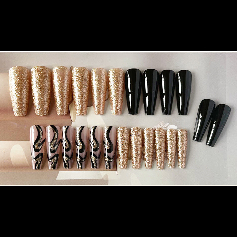 Black and Gold Shimmer French Nails Art Pieces Coffin Shape False Nails - Nail Art Stickers