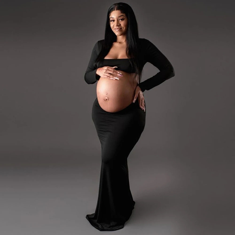 Seindeal Black Cut Out Mermaid Crop Long Sleeve Backless Bodycon Cocktail Club Party Photoshoot Maternity Maxi Dress