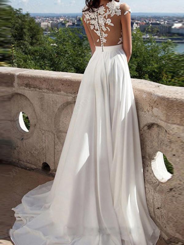 Seindeal Patchwork Lace Prom Chiffon Sexy Maxi Dress for Wedding Guest White