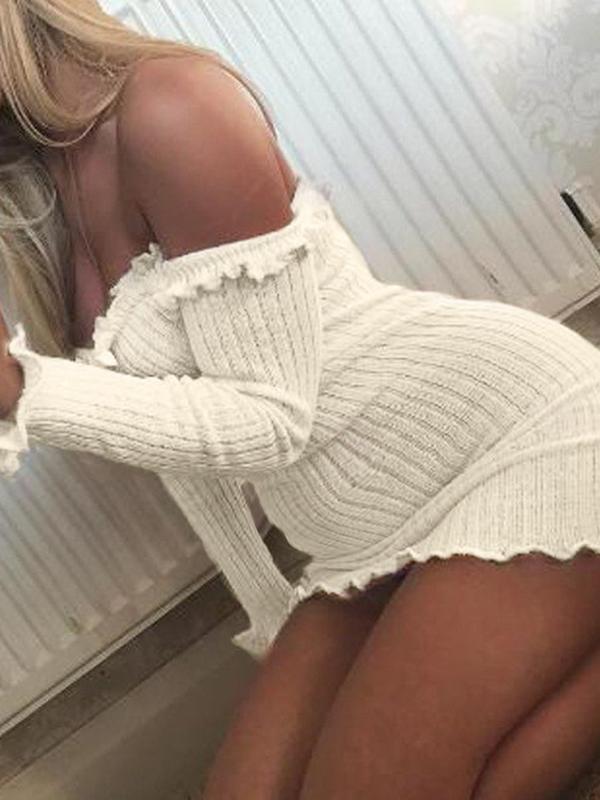 Solid Off Shoulder Wavy Edge Long Sleeve Maternity Sweater Mini Dress