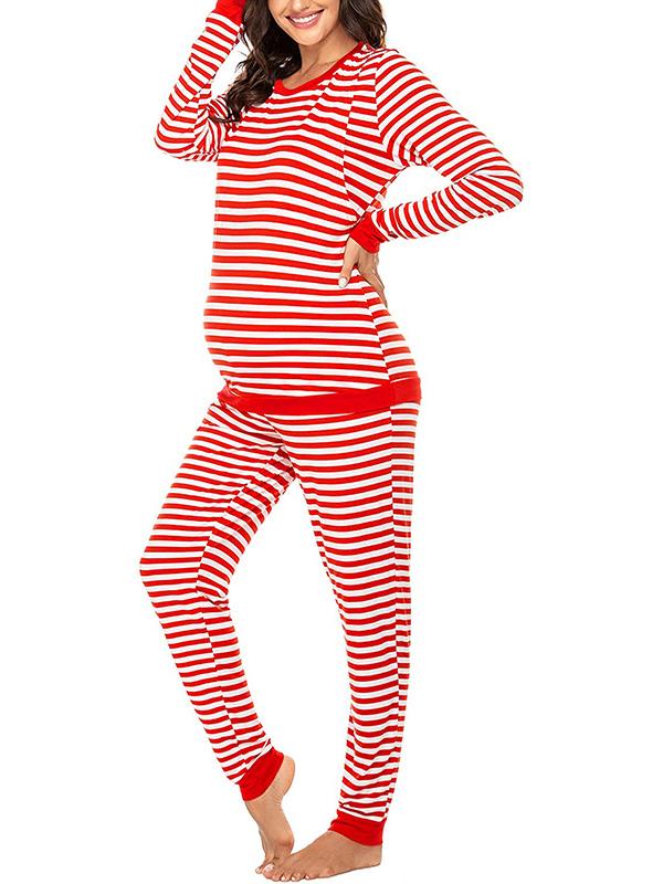 Striped Round Neck Long Sleeve Nursing Maternity Long Pajama Set
