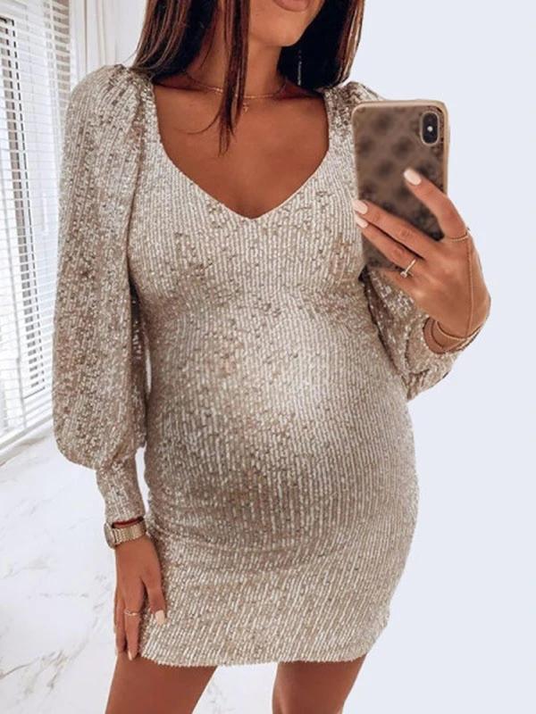 Seindeal Bodycon V-neck Lantern Long Sleeve Prom Sexy Sequins Maternity Mini Dress for Night Evening Party