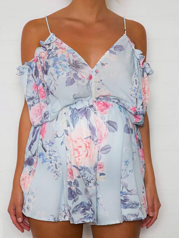 Seindeal Flowers Tie Back Halter One Piece Short Maternity Jumpsuit