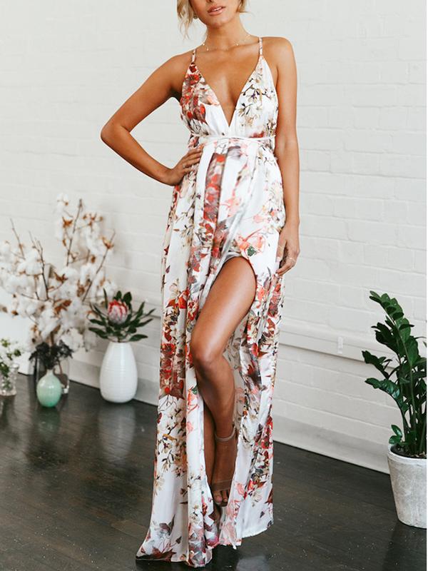 Floral Slit Halter Cross Back Suspender Skirt Floor Length Plunging Neckline Maternity Photoshoot Dress