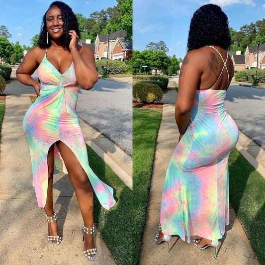 Tie Dye Side Slit Vnece Sleeveless Spaghetti Strap Backless Maternity Maxi Dress
