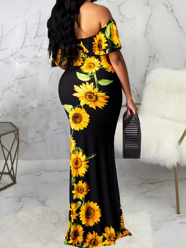 Sunflowers Off Shoulder Bodycon Mermaid Prom Maternity Maxi Dress