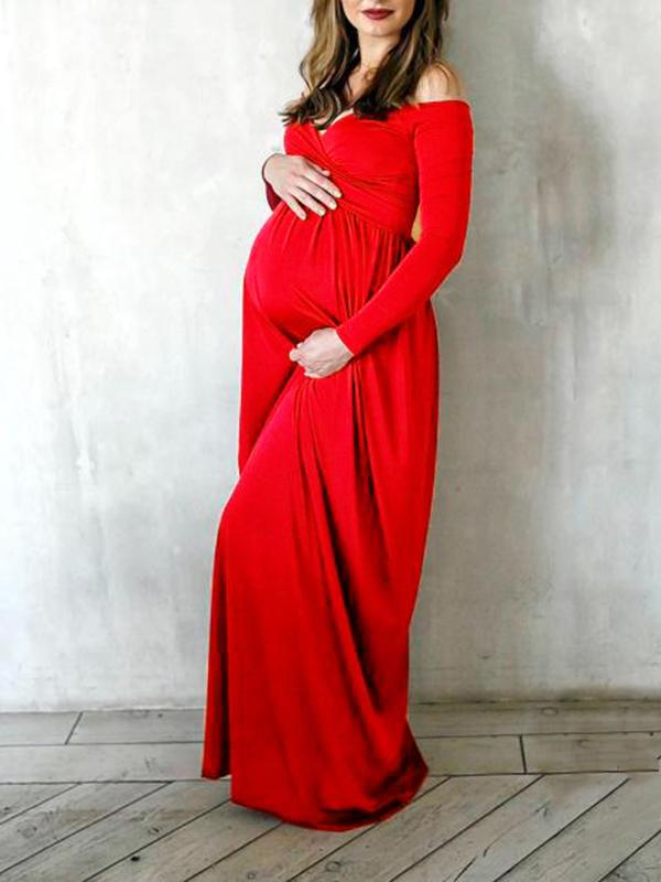 Off Shoulder Slit Long Sleeve Maternity For Babyshower Maxi Dress