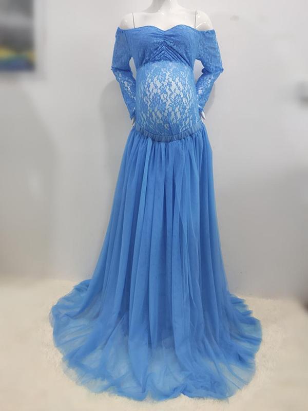 Off Shoulder Bodyocn Long Sleeve Tulle Tutu Babyshower Maternity Maxi Dress