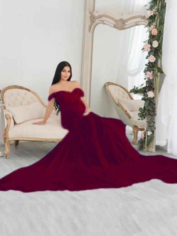 Seindeal Patchwork Off Shoulder Mermaid Baby Shower Maternity Maxi Dress