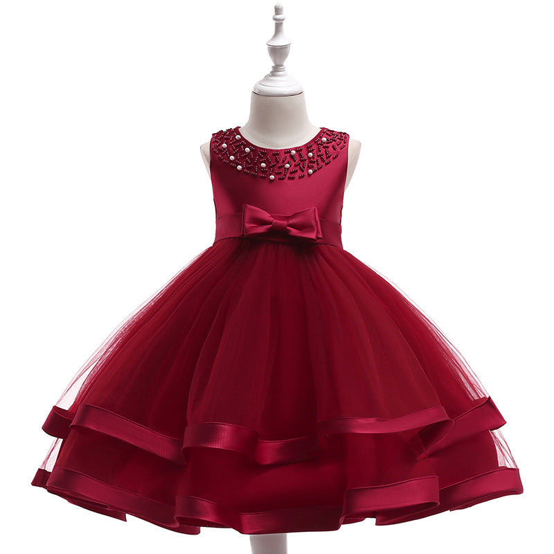 Girls Beading Bow Layered Sleeveless Round Neck Gown Dress Formal
