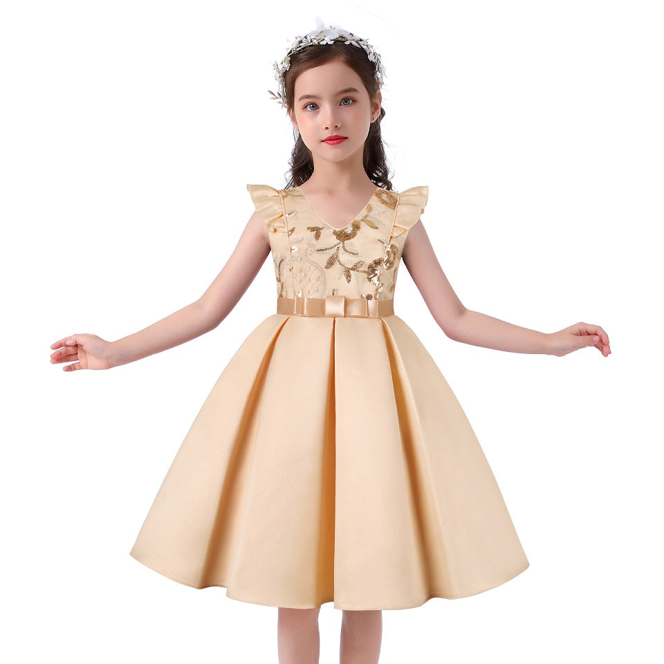 Girls Classical Dresses Sequin Elegant Puff Sleeve Ruffles for Kids Wedding Party Birthday 2-10Years