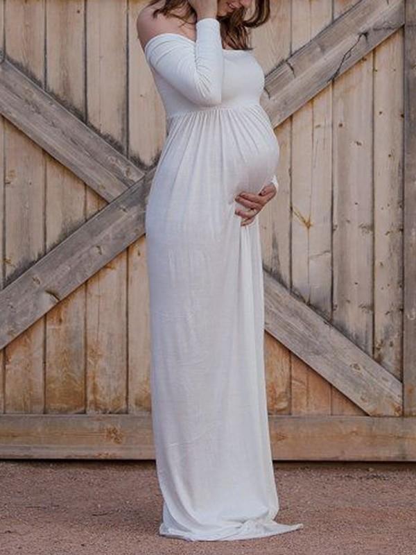 Seindeal Bandeau Solid Off Shoulder Photoshot Maternity Maxi Dress