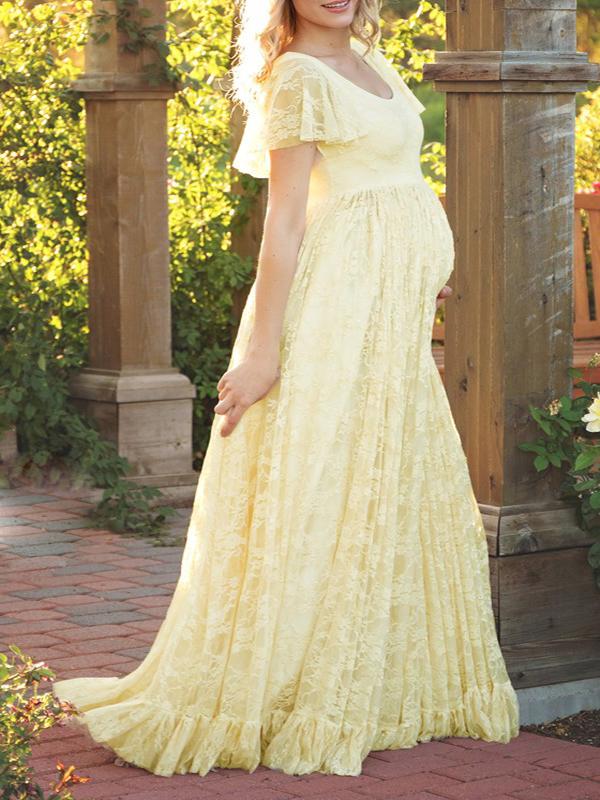 Lace Ruffle Draped For Babyshower Plus Size Maternity Maxi Dress