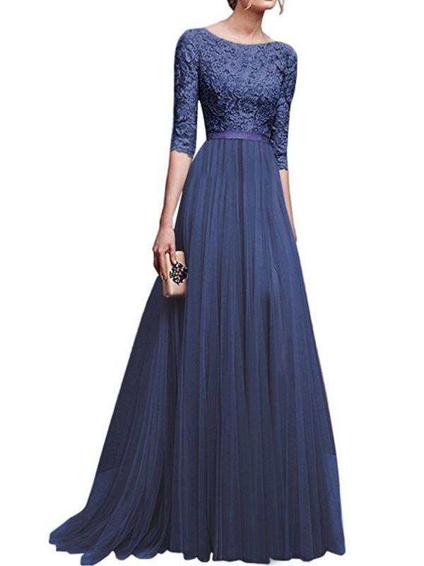 Solid Color Pleated Lace Round Neck Half-Length Women Maxi Dresses Elegant Dress Party Dress Evening Dress Ball Gown