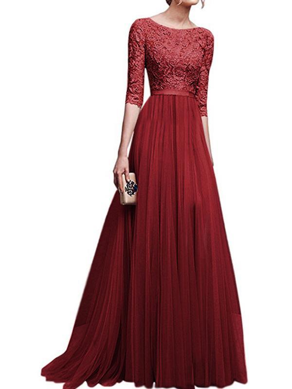Solid Color Pleated Lace Round Neck Half-Length Women Maxi Dresses Elegant Dress Party Dress Evening Dress Ball Gown