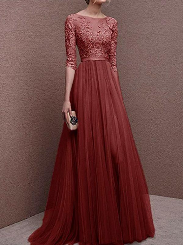 Solid Color Pleated Lace Round Neck Half-Length Women Maxi Dresses Elegant Dress Party Dress Evening Dress Ball Gown