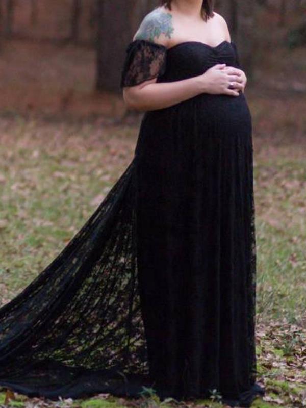 Seindeal Lace Draped Ruffle Off Shoulder Maternity For Babyshower Maxi Dress