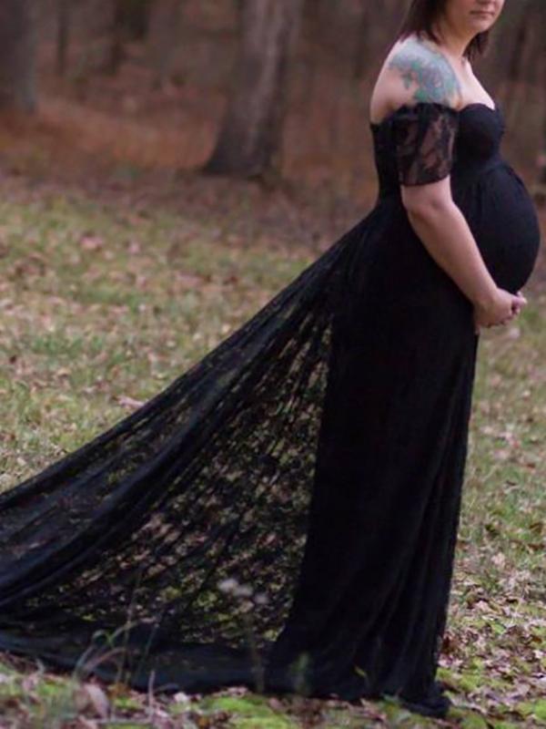 Seindeal Lace Draped Ruffle Off Shoulder Maternity For Babyshower Maxi Dress
