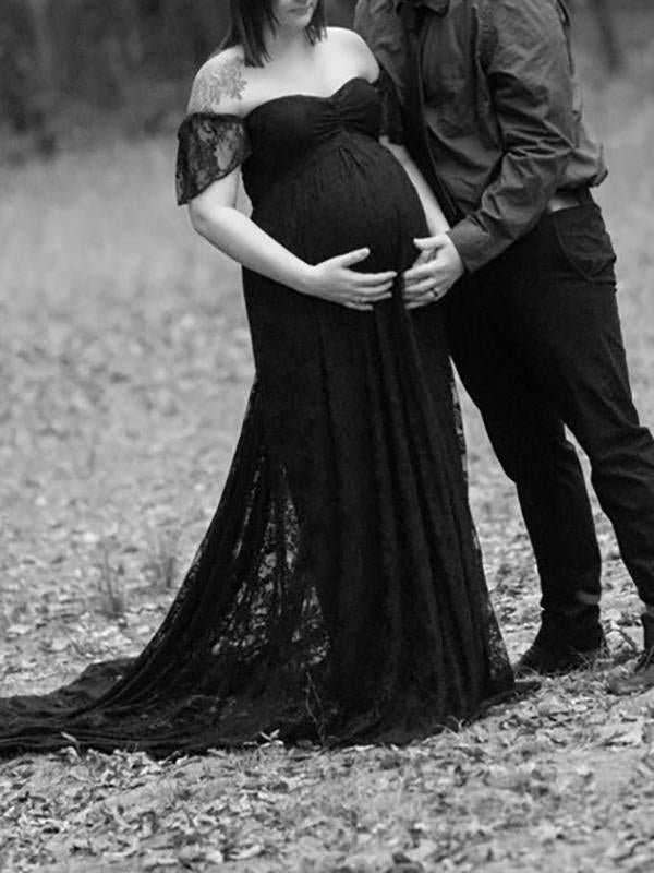Seindeal Lace Draped Ruffle Off Shoulder Maternity For Babyshower Maxi Dress