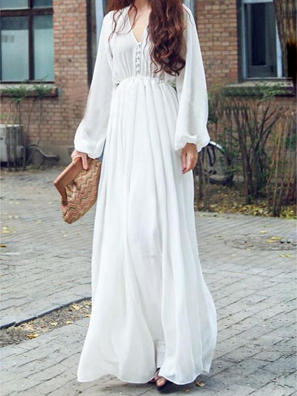 Solid Fluid Buttoning Flowy Long Elegant Sleeve White Baby Shower Dress