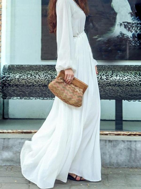 Solid Fluid Buttoning Flowy Long Elegant Sleeve White Baby Shower Dress