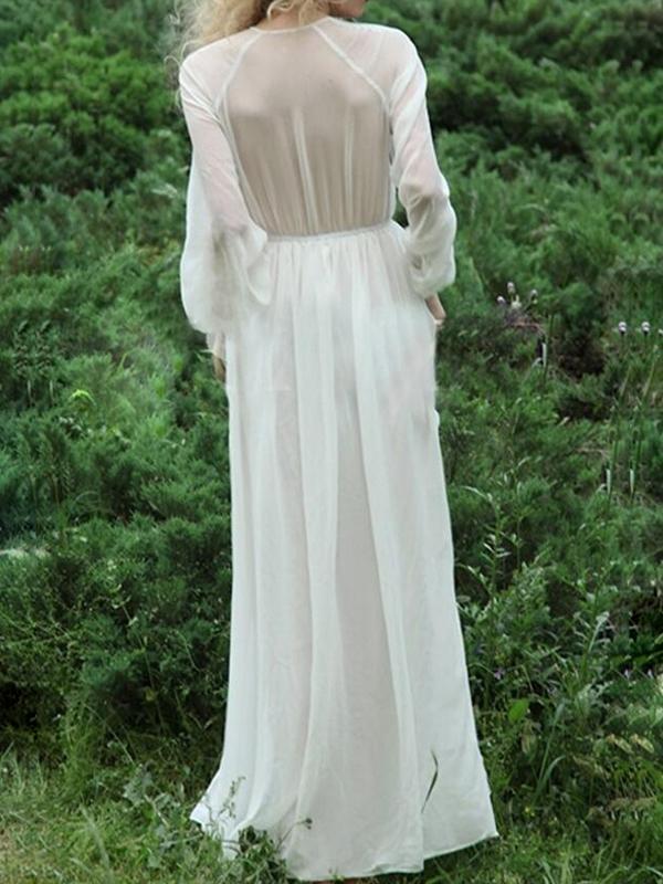 Solid Fluid Buttoning Flowy Long Elegant Sleeve White Baby Shower Dress