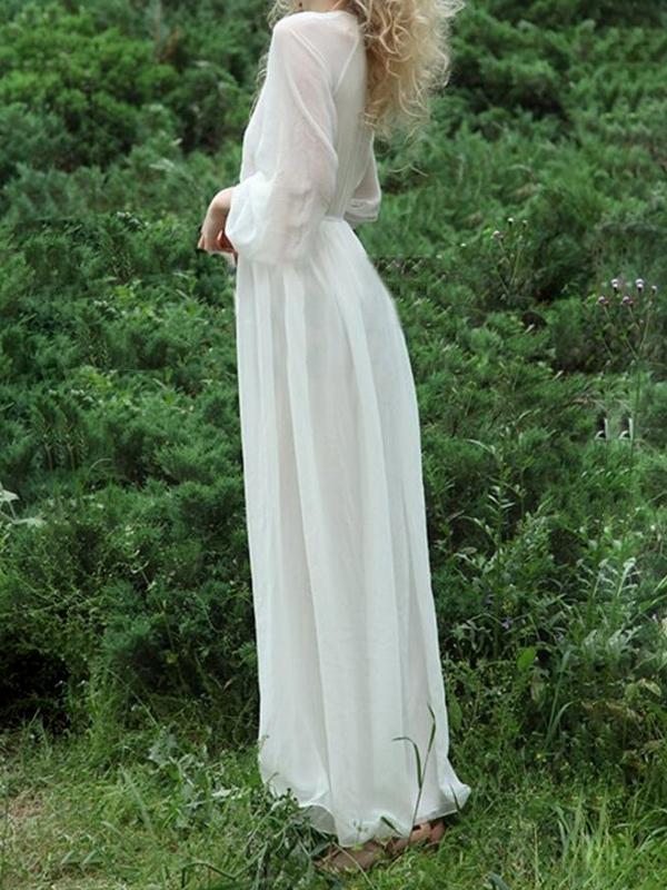 Solid Fluid Buttoning Flowy Long Elegant Sleeve White Baby Shower Dress