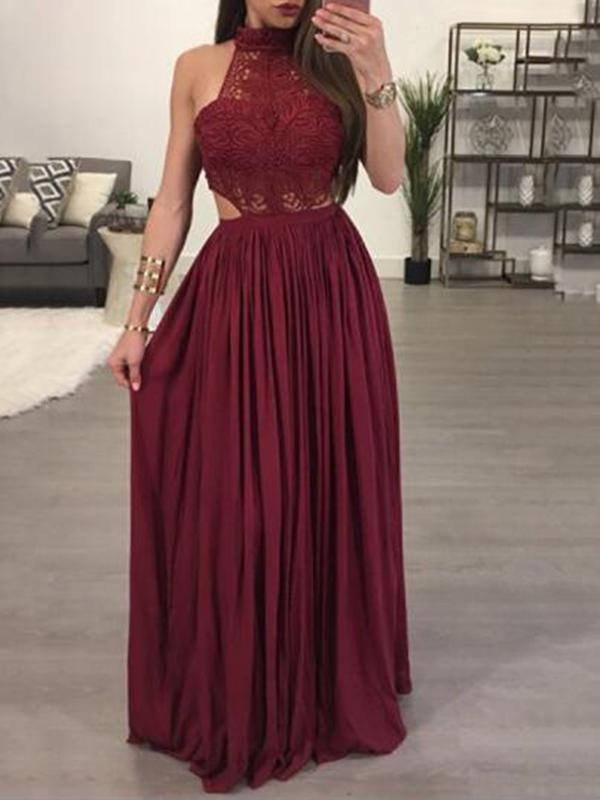 Lace Backless Halter Sleeveless Women Maxi Dresses Party Dress Evening Dress Ball Gown