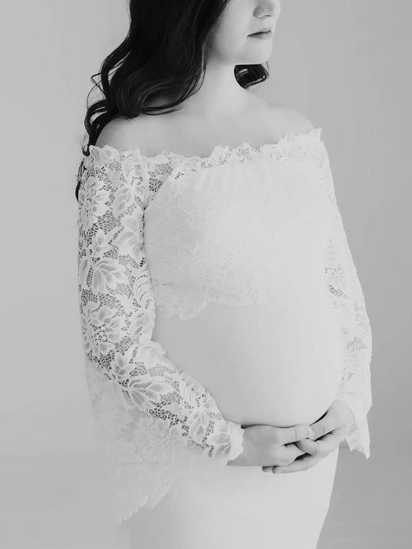 Seindeal Wedding Lace Off Shoulder Mermaid Photoshoot Bell Sleeve Maternity Dress