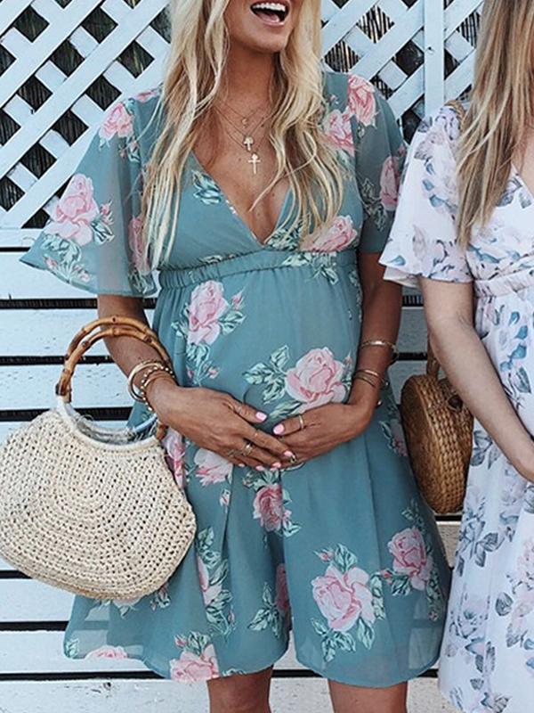 Floral Print Draped Pleated V-neck Short Sleeve Casual Midi Dress