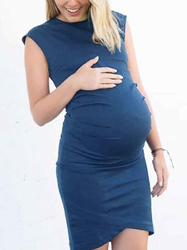 Round Neck Short Sleeve Maternity Casual Midi Dress