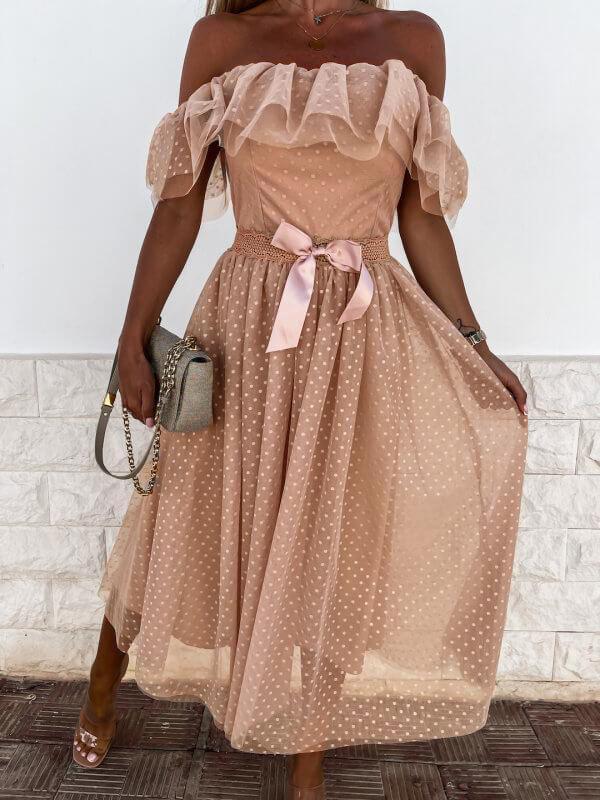 Ruffle Lace Bandeau Belt Boat Neck Short Sleeve Maxi Dresses Women Fashion Elegant Dress