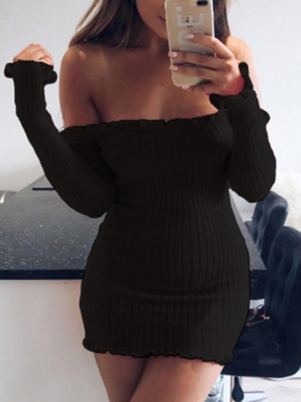 Solid Off Shoulder Wavy Edge Long Sleeve Maternity Sweater Mini Dress