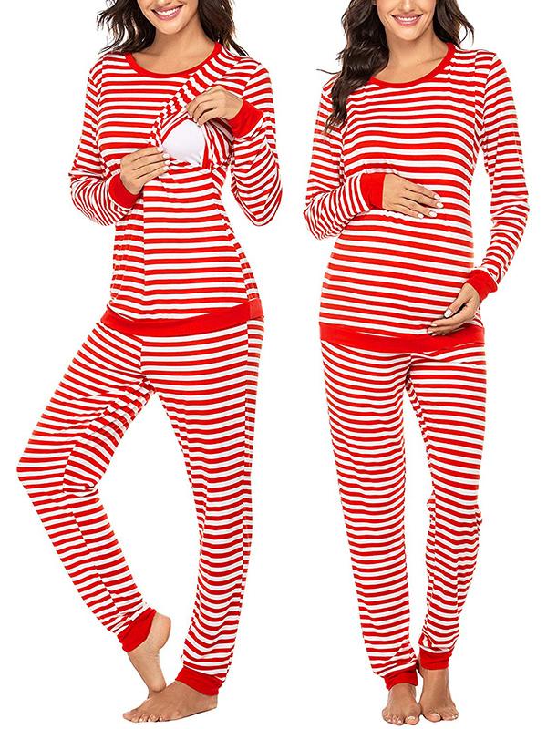 Striped Round Neck Long Sleeve Nursing Maternity Long Pajama Set