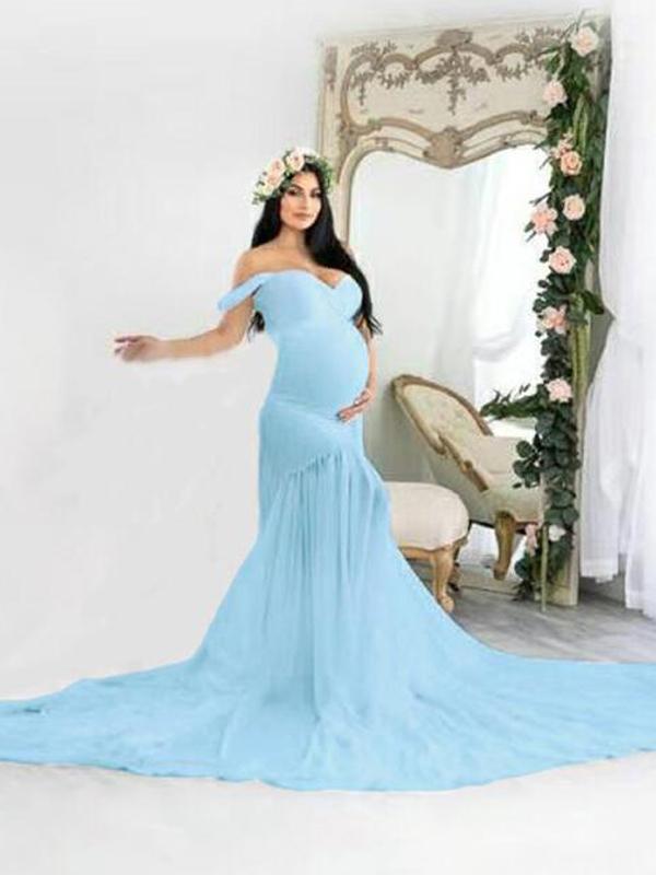 Seindeal Patchwork Off Shoulder Mermaid Baby Shower Maternity Maxi Dress