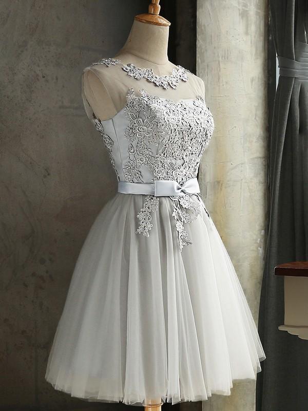 Gray Patchwork Bow Lace Mesh Pleated Round Neck Sleeveless Women's Mini Dresses Evening Dress Bridesmaid Dress