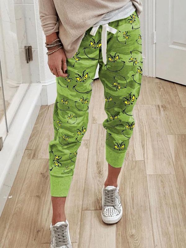 Camouflage Grinch Drawstring Smiley Christmas Maternity Casual Long Pants