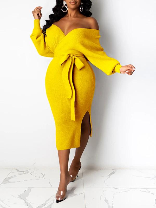 Solid Off Shoulder Bodycon Belt V-neck Long Sleeve Maternity Midi Dress