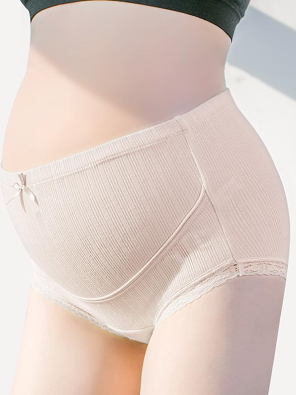 Seindeal Solid Color Lace Abdomen Supportive High Rise Stretch Maternity Panties