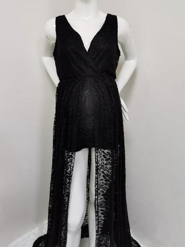 Floral Lace Maternity Bodysuit Short Jumpsuit With Maxi Overlay