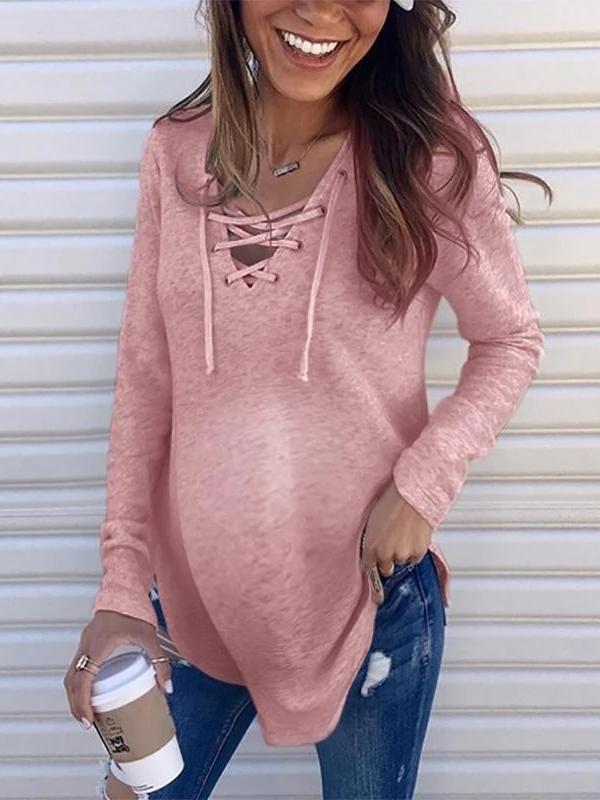 Solid Color Drawstring Lace Up Irregular Collar Long Sleeve Cute Maternity T-shirt