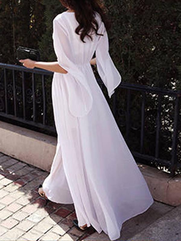 Pleated V-Neck Half-Length Women Maxi Dresses Elegant Dress Beach Dress