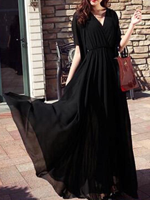 Pleated V-Neck Half-Length Women Maxi Dresses Elegant Dress Beach Dress