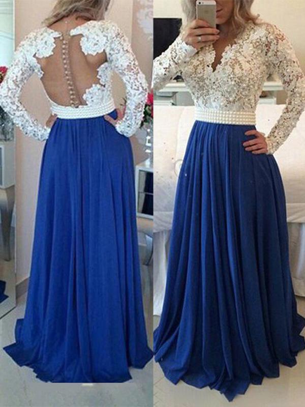 Sapphire Blue Patchwork Lace Pleated Backless V-Neck Long Sleeve Women Maxi Dresses Lace Dress Evening Dress