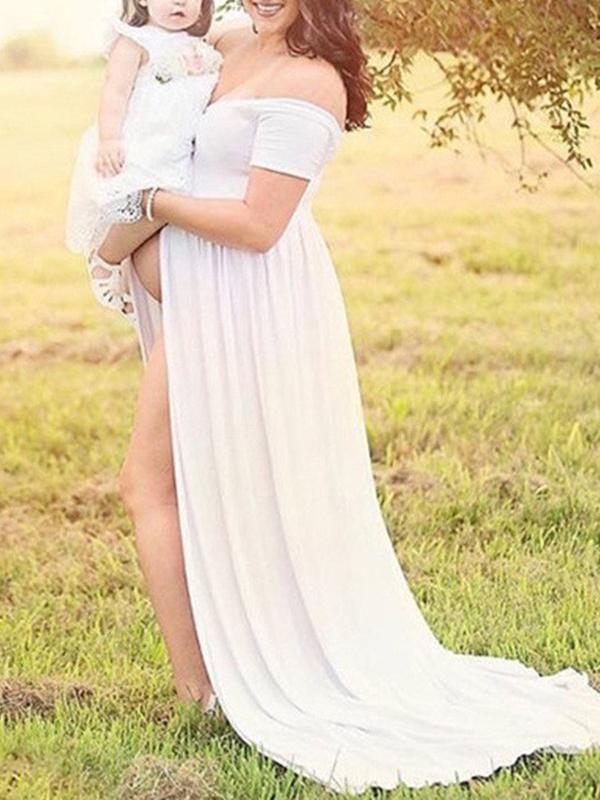 Short Sleeve Off Shoulder Slit For Babyshower Maxi Maternity Dress