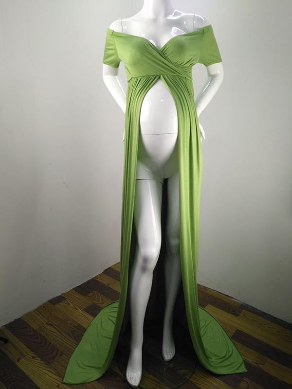 Short Sleeve Off Shoulder Slit For Babyshower Maxi Maternity Dress