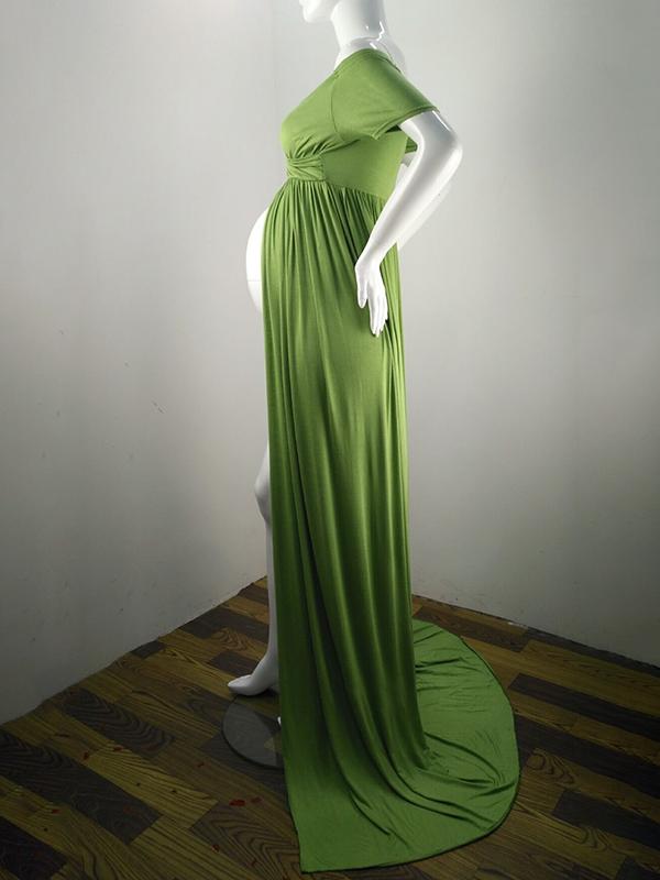 Short Sleeve Off Shoulder Slit For Babyshower Maxi Maternity Dress