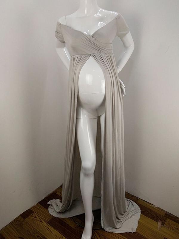 Short Sleeve Off Shoulder Slit For Babyshower Maxi Maternity Dress